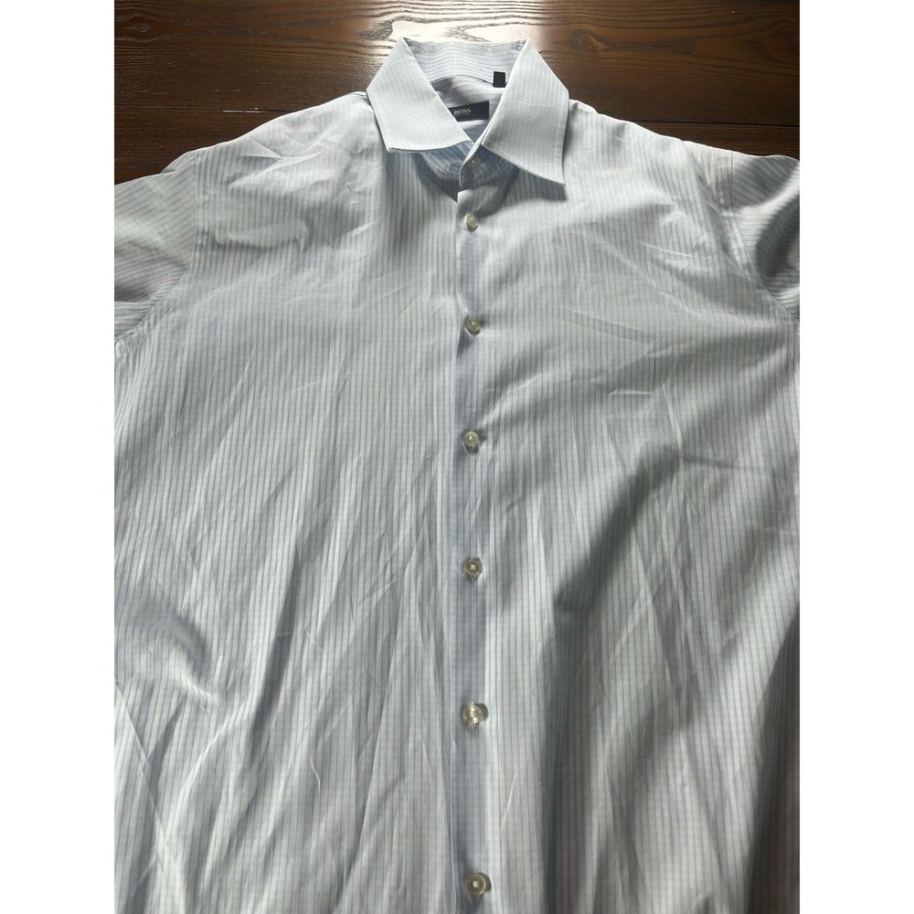 BOSS Hugo Boss Mens 16 34/35 Dress Shirt White Blue Striped Preppy